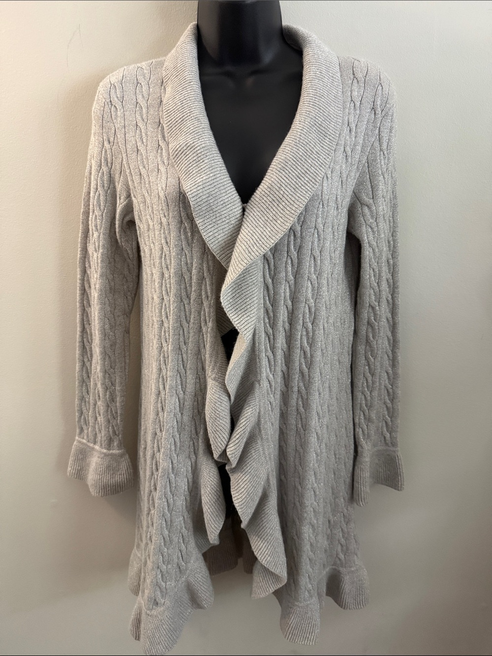 Lilly Pulitzer Cashmere Cable Knit Ruffle Cardigan Gray Silver Women's Small